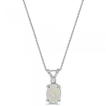 Oval Opal and Diamond Solitaire Pendant 14K White Gold (0.50ct)