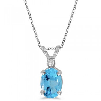 Oval Blue Topaz & Diamond Solitaire Pendant 14K White Gold (1.00ct)