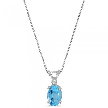 Oval Blue Topaz & Diamond Solitaire Pendant 14K White Gold (1.00ct)