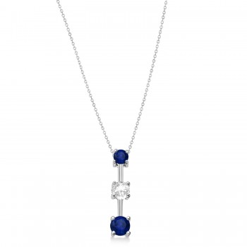 Blue Sapphires & Diamond Three-Stone Necklace 14k White Gold (0.25ct)