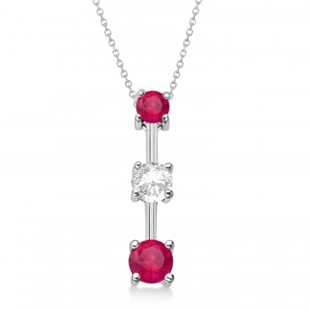 Lab Rubies & Lab Diamond Three-Stone Necklace 14k White Gold (1.00ct)