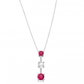 Lab Rubies & Lab Diamond Three-Stone Necklace 14k White Gold (1.00ct)