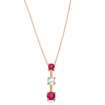 Lab Rubies & Lab Diamond Three-Stone Necklace 14k Rose Gold (0.25ct)