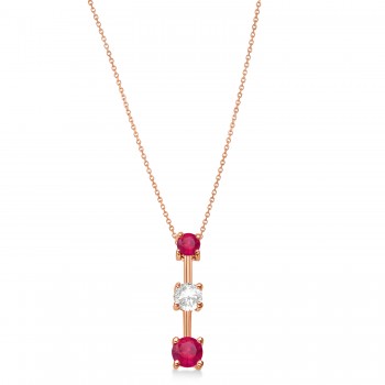 Lab Rubies & Lab Diamond Three-Stone Necklace 14k Rose Gold (0.50ct)