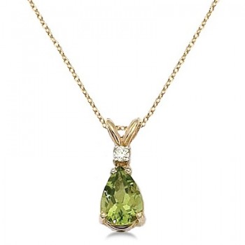 Pear Peridot and Diamond Solitaire Pendant Necklace 14k Yellow Gold
