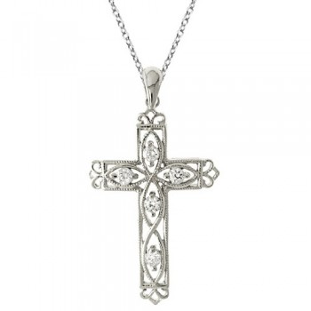 Diamond Filigree Cross Pendant Necklace 14k White Gold  