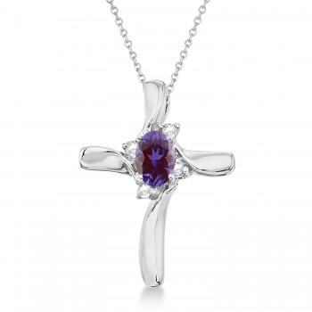 Lab Alexandrite and Diamond Cross Necklace Pendant 14k White Gold (0.50ct)