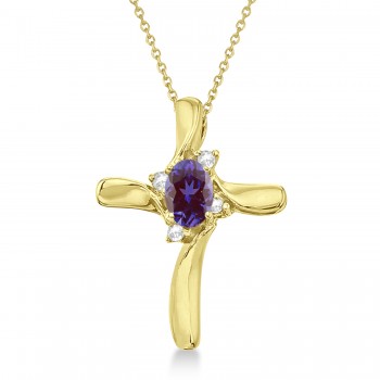 Lab Alexandrite and Diamond Cross Necklace Pendant 14k Yellow Gold (0.50ct)