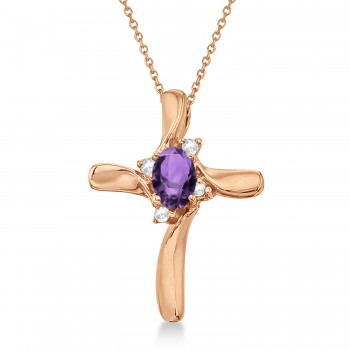 Amethyst and Diamond Cross Necklace Pendant 14k Rose Gold (0.50ct)