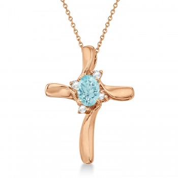Aquamarine and Diamond Cross Necklace Pendant 14k Rose Gold (0.50ct)