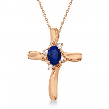 Blue Sapphire and Diamond Cross Necklace Pendant 14k Rose Gold (0.50ct)
