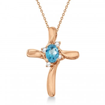 Blue Topaz and Diamond Cross Necklace Pendant 14k Rose Gold (0.50ct)