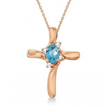 Blue Topaz & Diamond Cross Necklace Pendant 14k Rose Gold (0.50ct)