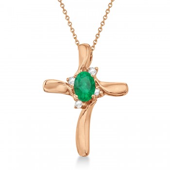 Emerald and Diamond Cross Necklace Pendant 14k Rose Gold (0.50ct)