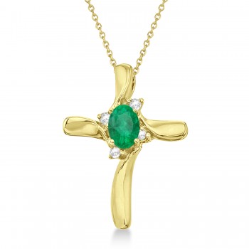 Emerald and Diamond Cross Necklace Pendant 14k Yellow Gold (0.50ct)