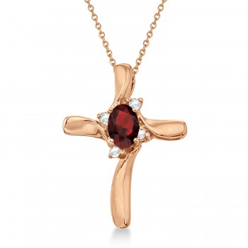 Garnet and Diamond Cross Necklace Pendant 14k Rose Gold (0.50ct)