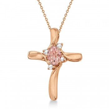 Morganite and Diamond Cross Necklace Pendant 14k Rose Gold (0.50ct)