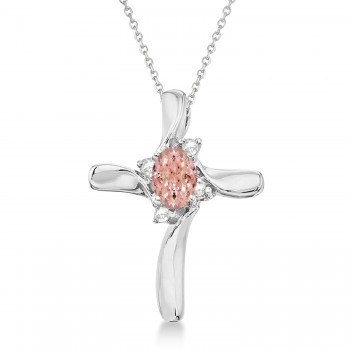 Morganite and Diamond Cross Necklace Pendant 14k White Gold (0.50ct)