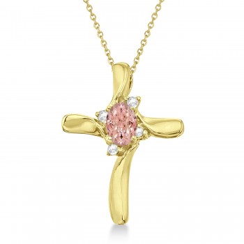 Morganite and Diamond Cross Necklace Pendant 14k Yellow Gold (0.50ct)