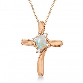 Opal & Diamond Cross Necklace Pendant 14k Rose Gold (0.50ct)