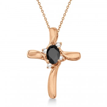 Black Onyx and Diamond Cross Necklace Pendant 14k Rose Gold (0.50ct)