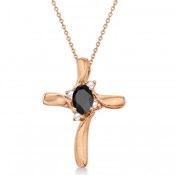 Black Onyx and Diamond Cross Necklace Pendant 14k Rose Gold (0.50ct)