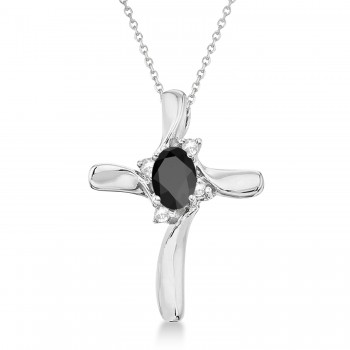 Black Onyx and Diamond Cross Necklace Pendant 14k White Gold (0.50ct)