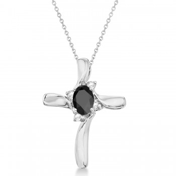 Black Onyx and Diamond Cross Necklace Pendant 14k White Gold (0.50ct)