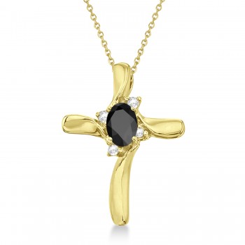 Black Onyx & Diamond Cross Necklace Pendant 14k Yellow Gold (0.50ct)