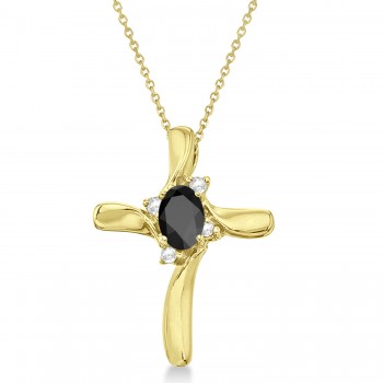 Black Onyx & Diamond Cross Necklace Pendant 14k Yellow Gold (0.50ct)