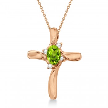 Peridot and Diamond Cross Necklace Pendant 14k Rose Gold (0.50ct)