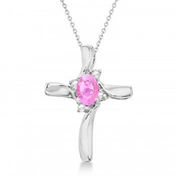 Pink Sapphire and Diamond Cross Necklace Pendant 14k White Gold (0.50ct)