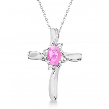 Pink Sapphire & Diamond Cross Necklace Pendant 14k White Gold (0.50ct)