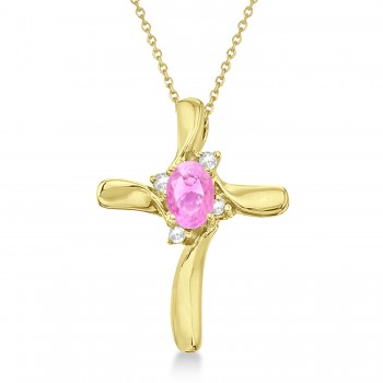 Pink Sapphire and Diamond Cross Necklace Pendant 14k Yellow Gold (0.50ct)