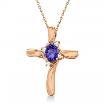 Tanzanite & Diamond Cross Necklace Pendant 14k Rose Gold (0.50ct)