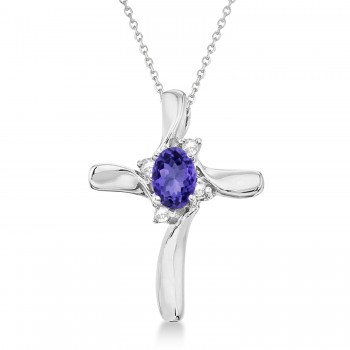 Lab Tanzanite & Lab Diamond Cross Necklace Pendant 14k White Gold (0.50ct)