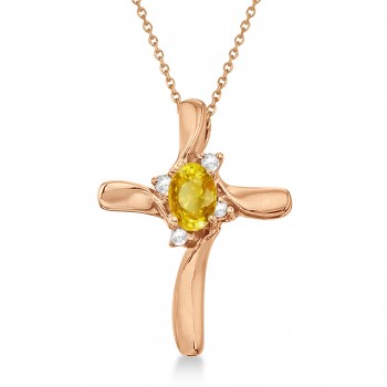 Lab Yellow Sapphire & Lab Diamond Cross Necklace Pendant 14k Rose Gold (0.50ct)