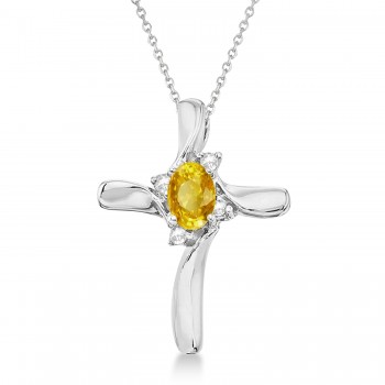 Yellow Sapphire and Diamond Cross Necklace Pendant 14k White Gold (0.50ct)
