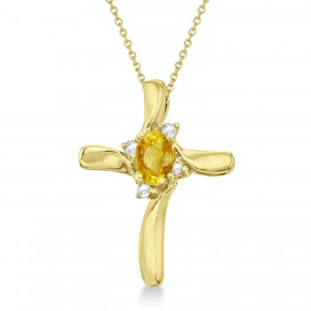 Lab Yellow Sapphire & Lab Diamond Cross Necklace Pendant 14k Yellow Gold (0.50ct)