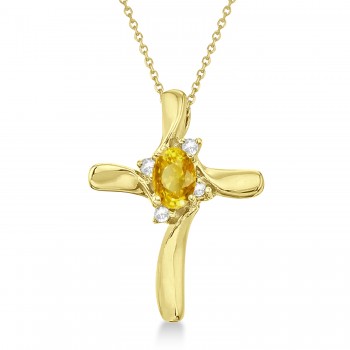 Yellow Sapphire and Diamond Cross Necklace Pendant 14k Yellow Gold (0.50ct)