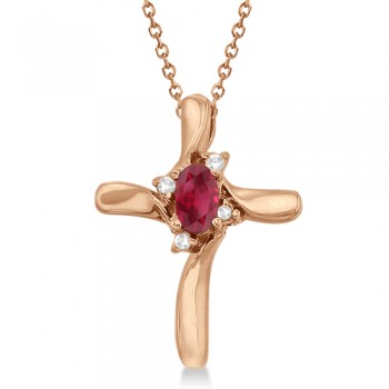 Ruby and Diamond Cross Necklace Pendant 14k Rose Gold (0.50ct)