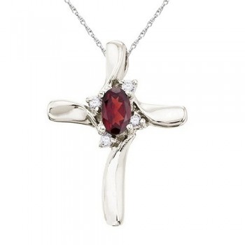 Garnet and Diamond Cross Necklace Pendant 14k White Gold (0.50ct)