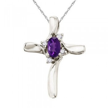 Amethyst and Diamond Cross Necklace Pendant 14k White Gold (0.50ct)