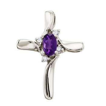 Amethyst and Diamond Cross Necklace Pendant 14k White Gold (0.50ct)