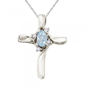 Aquamarine and Diamond Cross Necklace Pendant 14k White Gold (0.50ct)