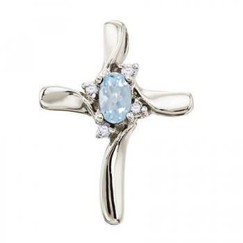 Aquamarine and Diamond Cross Necklace Pendant 14k White Gold (0.50ct)