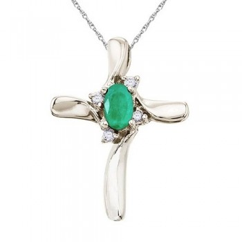 Emerald and Diamond Cross Necklace Pendant 14k White Gold (0.50ct)