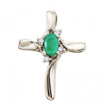 Emerald and Diamond Cross Necklace Pendant 14k White Gold (0.50ct)