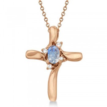 Moonstone and Diamond Cross Pendant Necklace 14K Rose Gold (0.19ct)