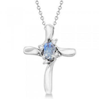 Moonstone and Diamond Cross Pendant Necklace 14K White Gold (0.19ct)